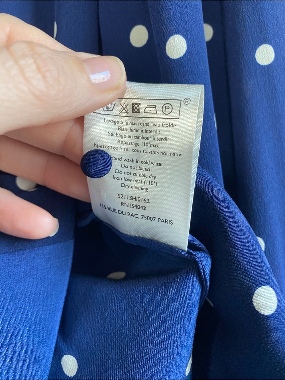 Sézane Ann Navy Polka Dot Button-Up 100% Silk French Casual Blouse - Picture 10 of 10